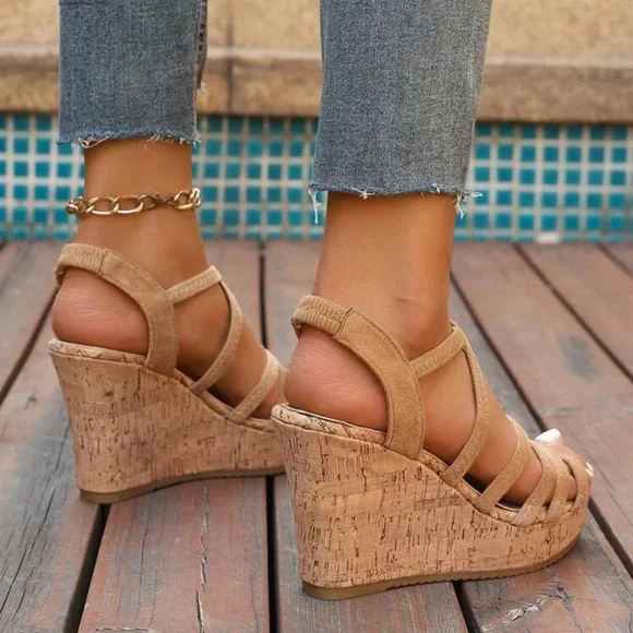 Women's Strappy Cork Wedge Sandals - Open Toe Design, High Thick Soles Color - Picture 2 of 4